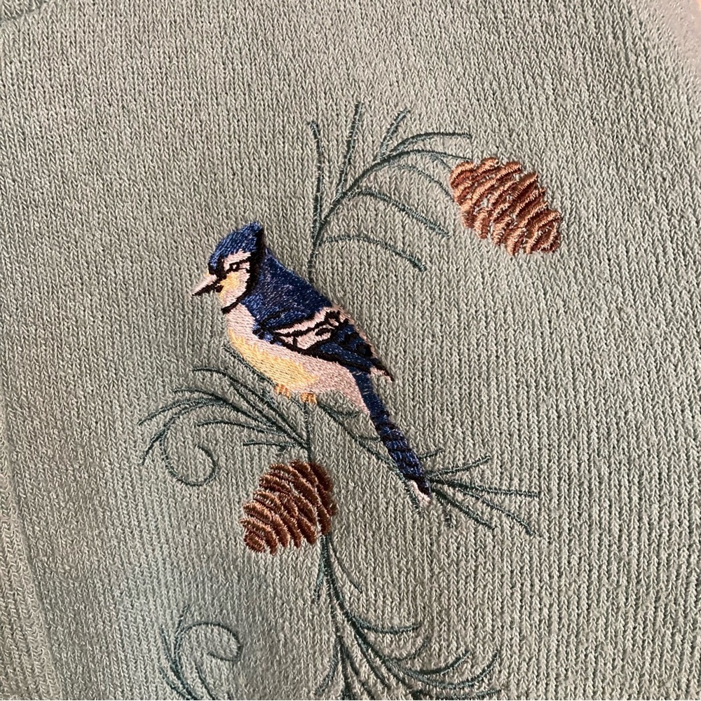 Vintage Bon Worth Embroidered Birds Knit Cardigan Grandmacore Blue Green - Picture 5 of 10